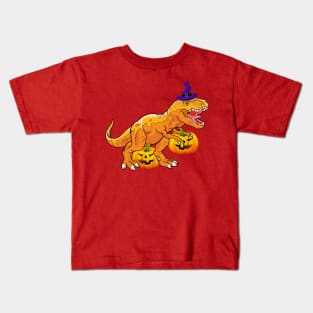 T-Rex With A Witch's Hat And Jack-O-Lantern Halloween Design Kids T-Shirt